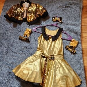Gold Dance Costume w/sequence jacket, hand attire and hair bow, great condition